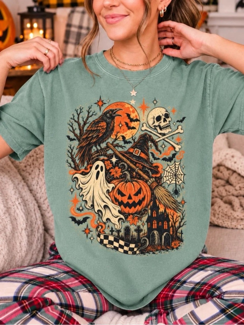 Comfort Colors Green Halloween Graphic Tee with Pumpkin & Ghost